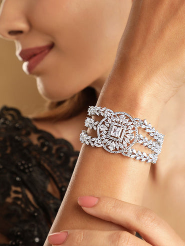 Rubans Rhodium Plated Pave Cubic Zirconia Stone Studded Triple Layer Premium Chain Bracelet Bangles & Bracelets