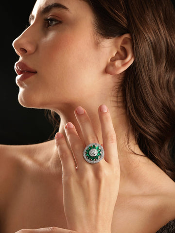 Rubans Rhodium plated Pave Green Zirconia studded Statement Ring Rings