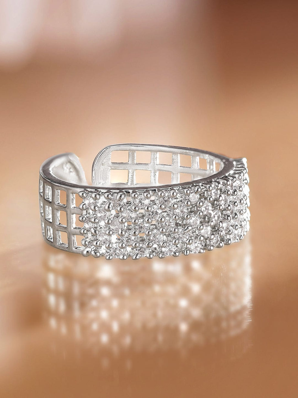 Rubans Rhodium plated Pave Zirconia studded Open Statement Ring Rings