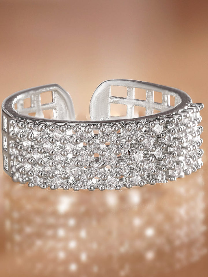 Rubans Rhodium plated Pave Zirconia studded Open Statement Ring Rings