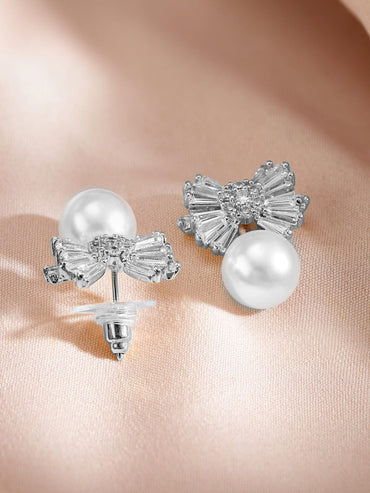 Rubans Rhodium-Plated Pearl and Crystal Bow Pendant Necklace and Earrings Jewellery Set