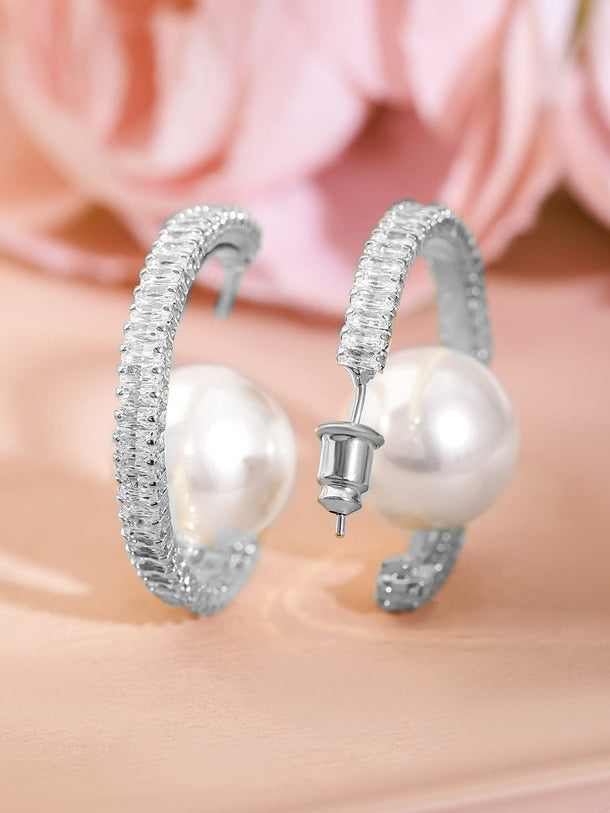Rubans Rhodium-Plated Pearl Centerpiece Cubic Zirconia Half Hoop Earrings Earrings