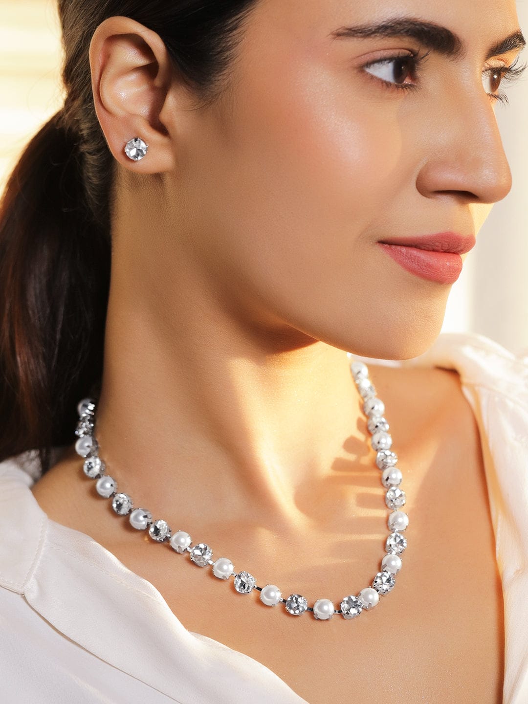 Rubans Rhodium-Plated Pearl & Cubic Zirconia Classic Necklace Set with Earrings Necklaces, Necklace Sets, Chains & Mangalsutra