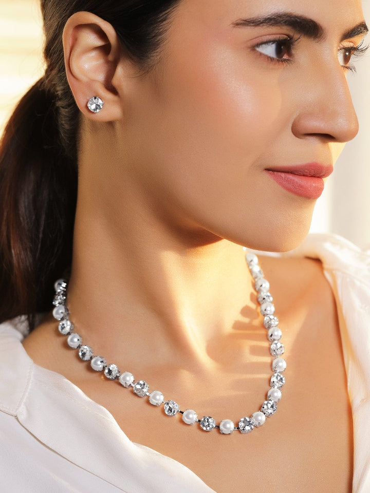 Rubans Rhodium-Plated Pearl & Cubic Zirconia Classic Necklace Set with Earrings Necklaces, Necklace Sets, Chains & Mangalsutra