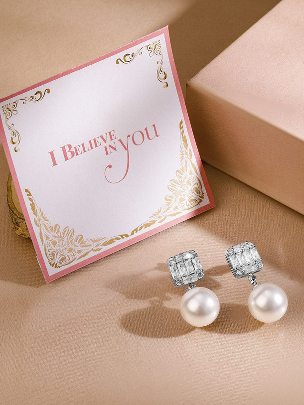 Rubans Rhodium Plated Pearl & Cubic Zirconia Drop Earrings Earrings