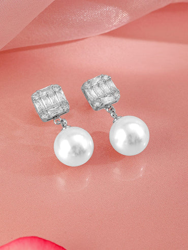 Rubans Rhodium Plated Pearl & Cubic Zirconia Drop Earrings Earrings