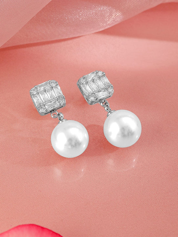 Rubans Rhodium Plated Pearl & Cubic Zirconia Drop Earrings Earrings