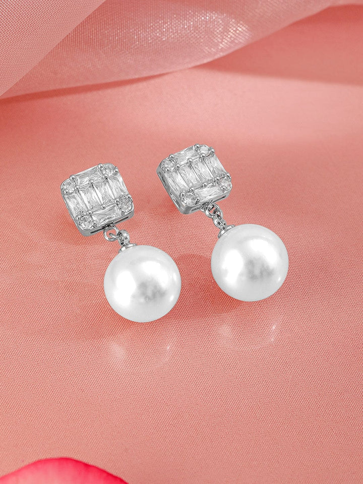 Rubans Rhodium Plated Pearl & Cubic Zirconia Drop Earrings Earrings