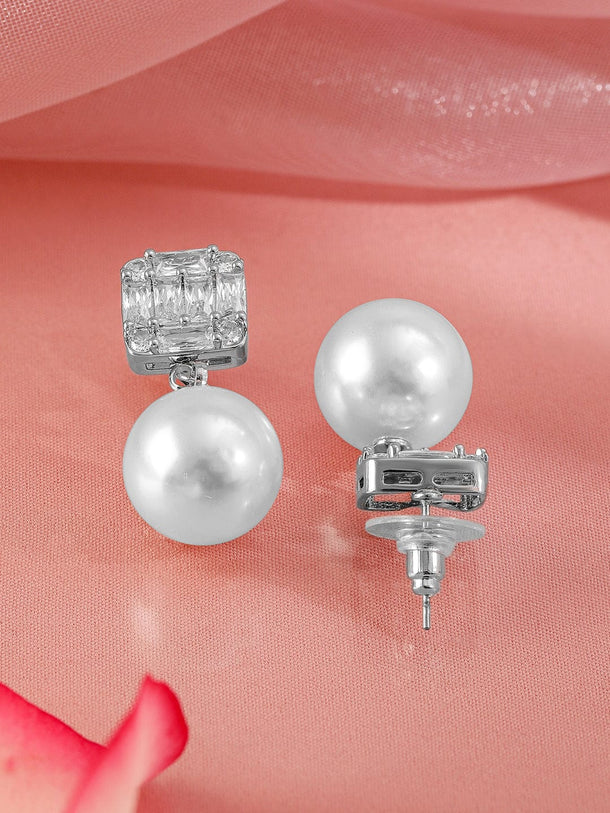 Rubans Rhodium Plated Pearl & Cubic Zirconia Drop Earrings Earrings