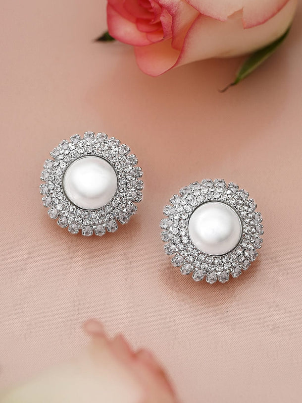 Rubans Rhodium-Plated Pearl & Cubic Zirconia Studded Oversized Statement Stud Earrings Earrings