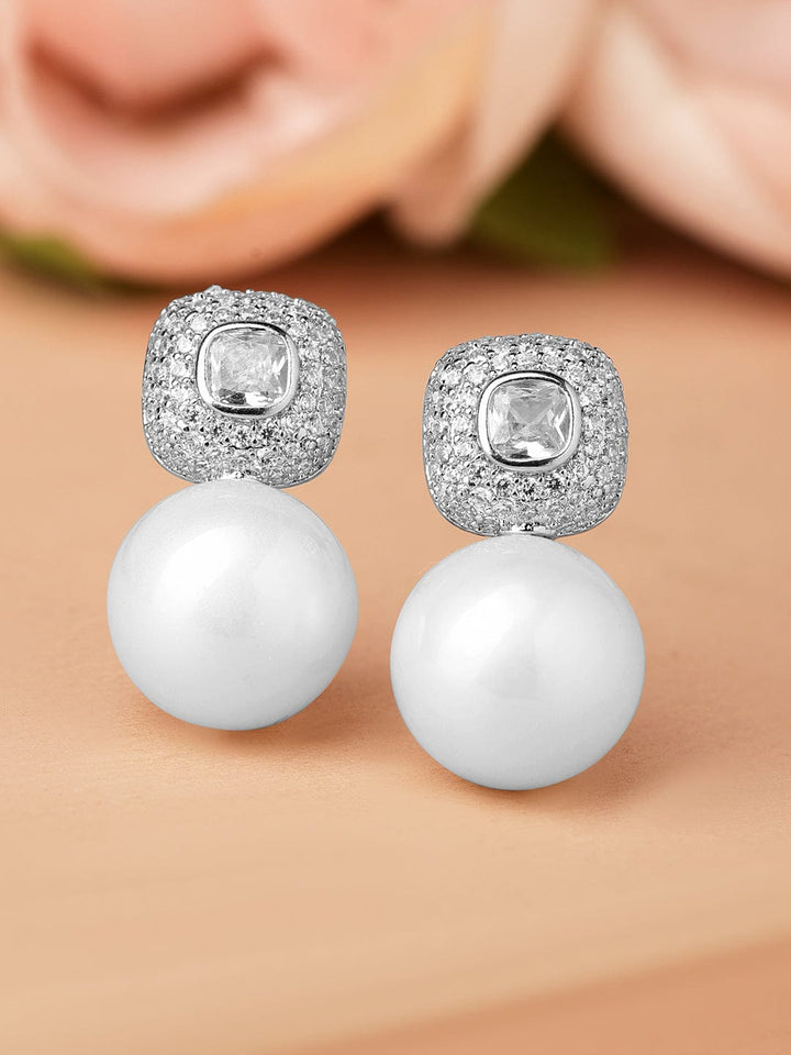 Rubans Rhodium-Plated Pearl Drop Earrings with Cubic Zirconia Accents Earrings