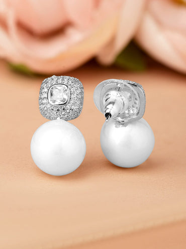 Rubans Rhodium-Plated Pearl Drop Earrings with Cubic Zirconia Accents Earrings