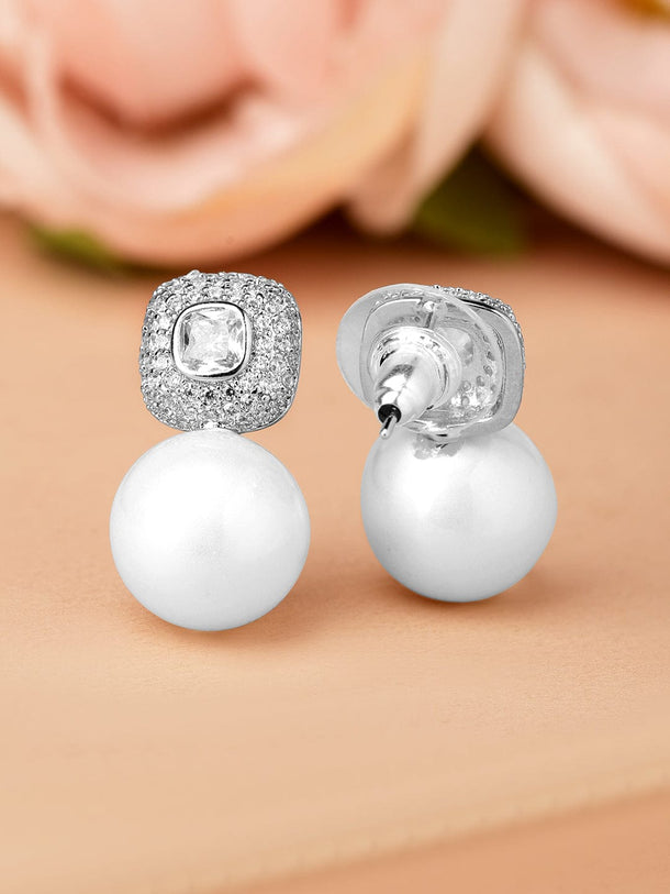 Rubans Rhodium-Plated Pearl Drop Earrings with Cubic Zirconia Accents Earrings
