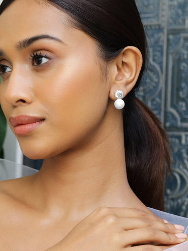 Rubans Rhodium-Plated Pearl Drop Earrings with Cubic Zirconia Accents Earrings