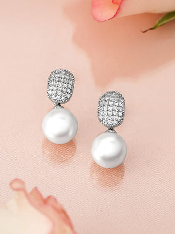 Rubans Rhodium-Plated Pearl Drop Earrings with Cushion-Shaped Diamond Studded Top Design Earrings