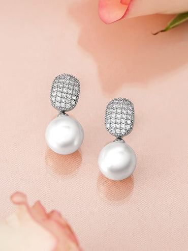 Rubans Rhodium-Plated Pearl Drop Earrings with Cushion-Shaped Diamond Studded Top Design Earrings