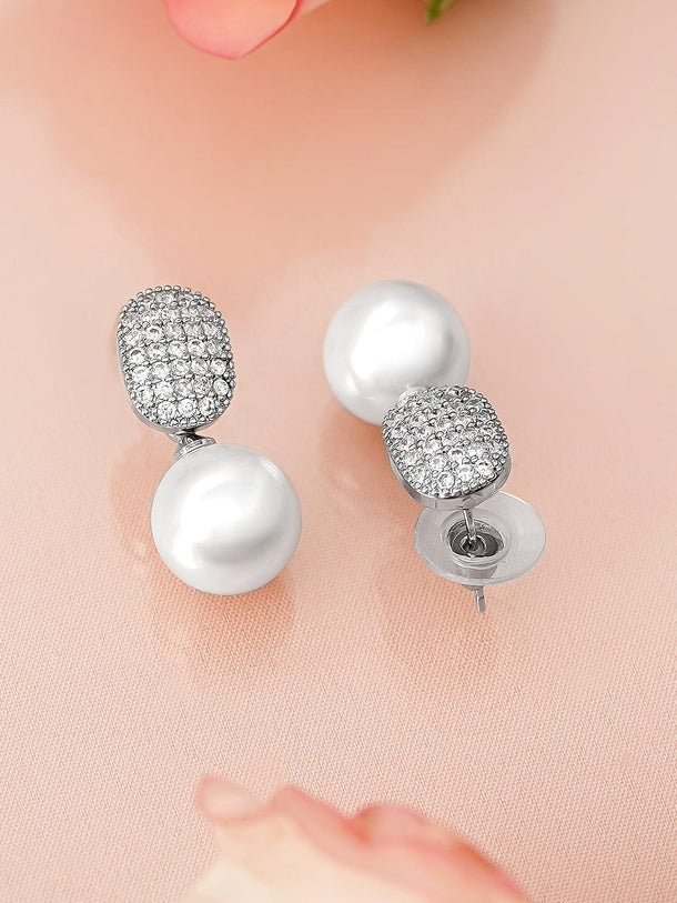 Rubans Rhodium-Plated Pearl Drop Earrings with Cushion-Shaped Diamond Studded Top Design Earrings