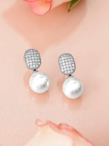 Rubans Rhodium-Plated Pearl Drop Earrings with Cushion-Shaped Diamond Studded Top Design Earrings