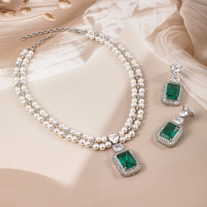 Rubans Rhodium Plated Pearl Necklace Set with Emerald & Cubic Zirconia Pendant & Earrings Jewellery Set