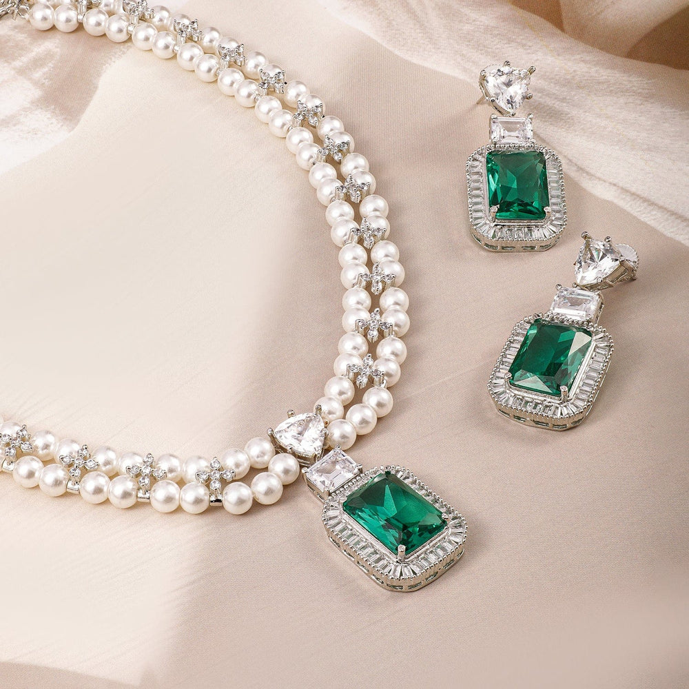 Rubans Rhodium Plated Pearl Necklace Set with Emerald & Cubic Zirconia Pendant & Earrings Jewellery Set