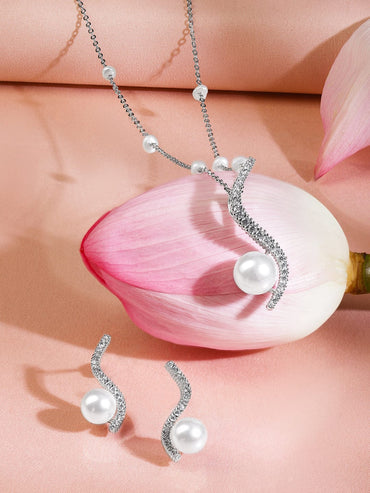 Rubans Rhodium-Plated Pearl & White Cubic Zirconia Pendant Necklace Set Pendant Set