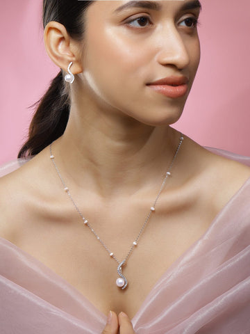 Rubans Rhodium-Plated Pearl & White Cubic Zirconia Pendant Necklace Set Pendant Set