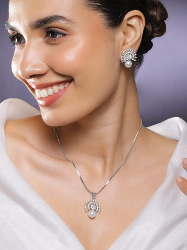 Rubans Rhodium-Plated Pearl & White Cubic Zirconia Studded Sunburst Pendant Necklace Set in Silver Tone Jewellery Set