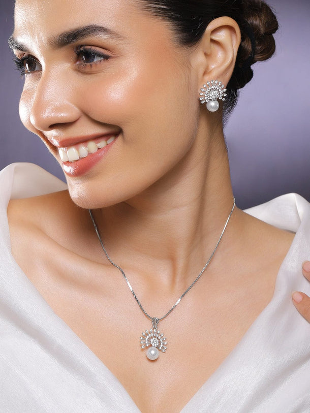 Rubans Rhodium-Plated Pearl & White Cubic Zirconia Studded Sunburst Pendant Necklace Set in Silver Tone Jewellery Set