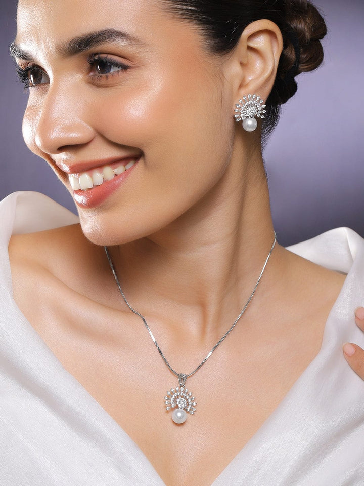 Rubans Rhodium-Plated Pearl & White Cubic Zirconia Studded Sunburst Pendant Necklace Set in Silver Tone Jewellery Set