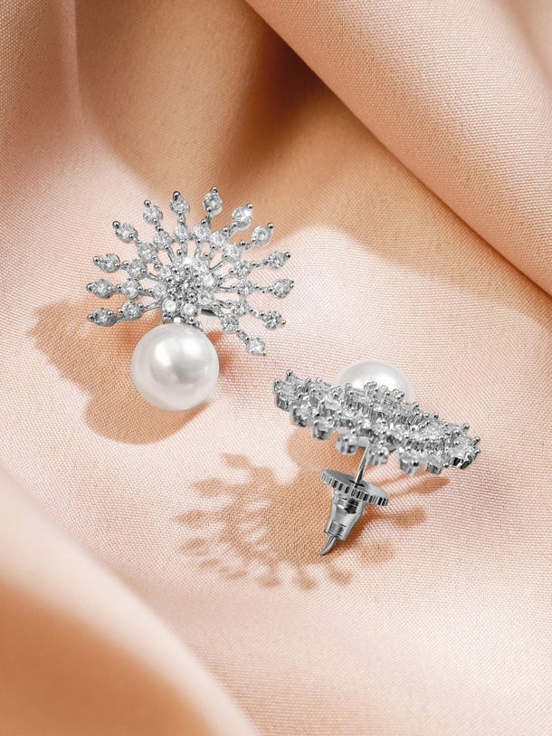 Rubans Rhodium-Plated Pearl & White Cubic Zirconia Studded Sunburst Pendant Necklace Set in Silver Tone Jewellery Set