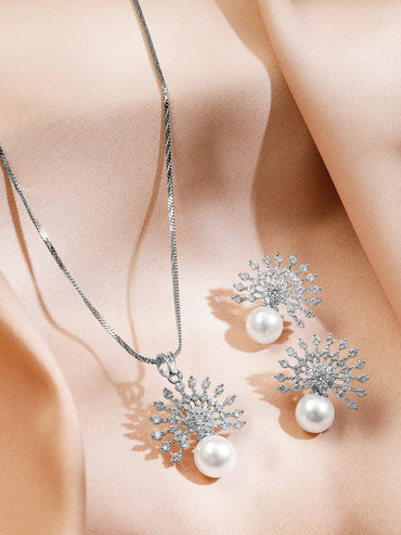 Rubans Rhodium-Plated Pearl & White Cubic Zirconia Studded Sunburst Pendant Necklace Set in Silver Tone Jewellery Set
