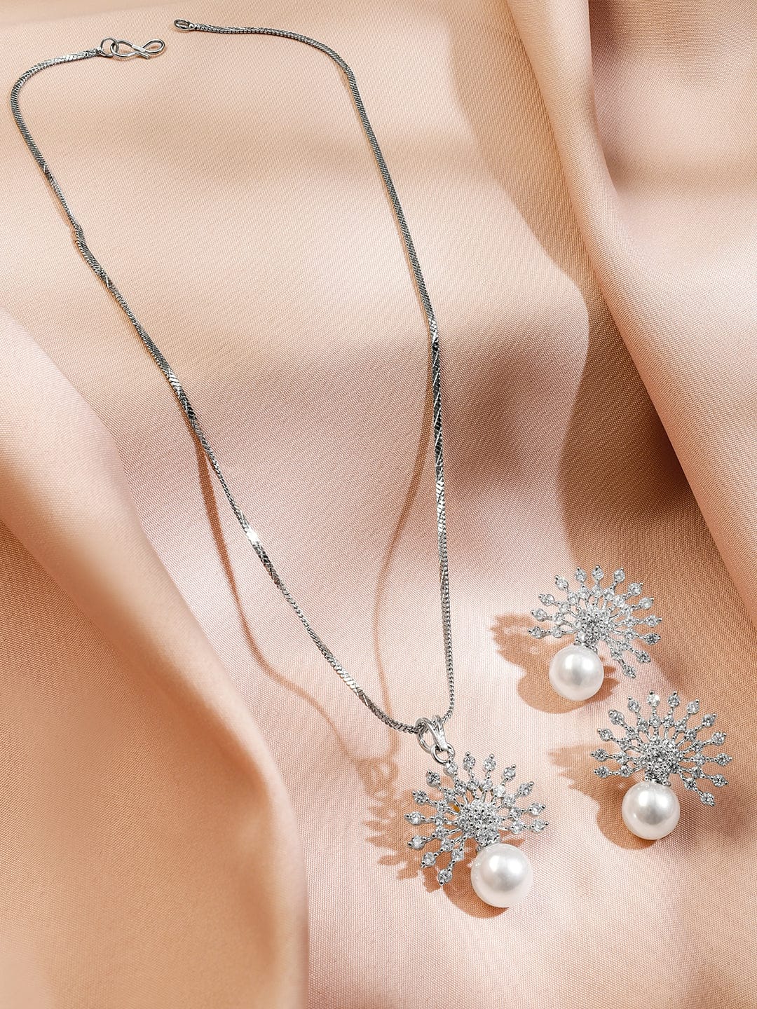 Rubans Rhodium-Plated Pearl & White Cubic Zirconia Studded Sunburst Pendant Necklace Set in Silver Tone Jewellery Set