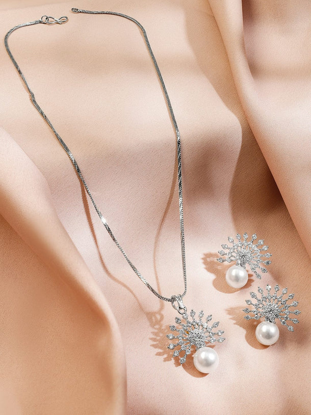 Rubans Rhodium-Plated Pearl & White Cubic Zirconia Studded Sunburst Pendant Necklace Set in Silver Tone Jewellery Set