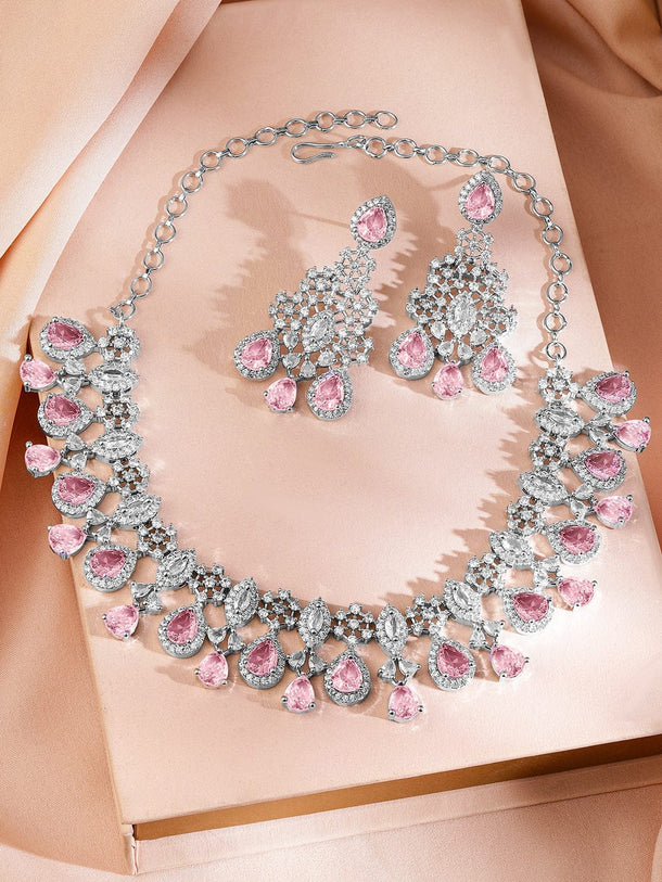 Rubans Rhodium-Plated Pink AD & Cubic Zirconia Studded Statement Necklace Set Jewellery Set