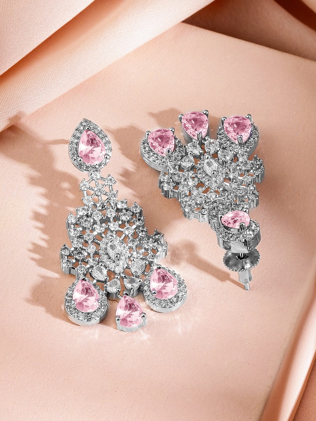 Rubans Rhodium-Plated Pink AD & Cubic Zirconia Studded Statement Necklace Set Jewellery Set