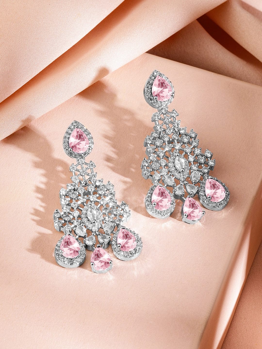 Rubans Rhodium-Plated Pink AD & Cubic Zirconia Studded Statement Necklace Set Jewellery Set