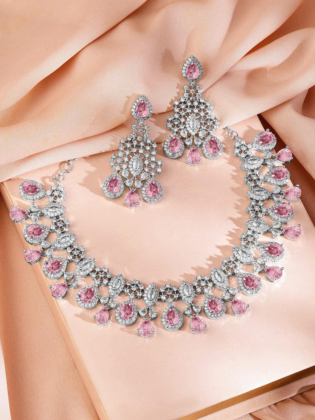 Rubans Rhodium-Plated Pink AD & Cubic Zirconia Studded Statement Necklace Set Jewellery Set