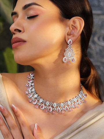 Rubans Rhodium-Plated Pink AD & Cubic Zirconia Studded Statement Necklace Set Necklace Set
