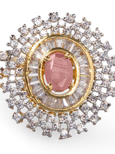 Rubans Rhodium-Plated Pink AD & White Zirconia Studded Adjustable Ring Rings