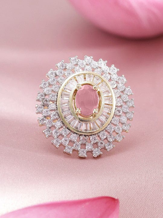 Rubans Rhodium-Plated Pink AD & White Zirconia Studded Adjustable Ring Rings