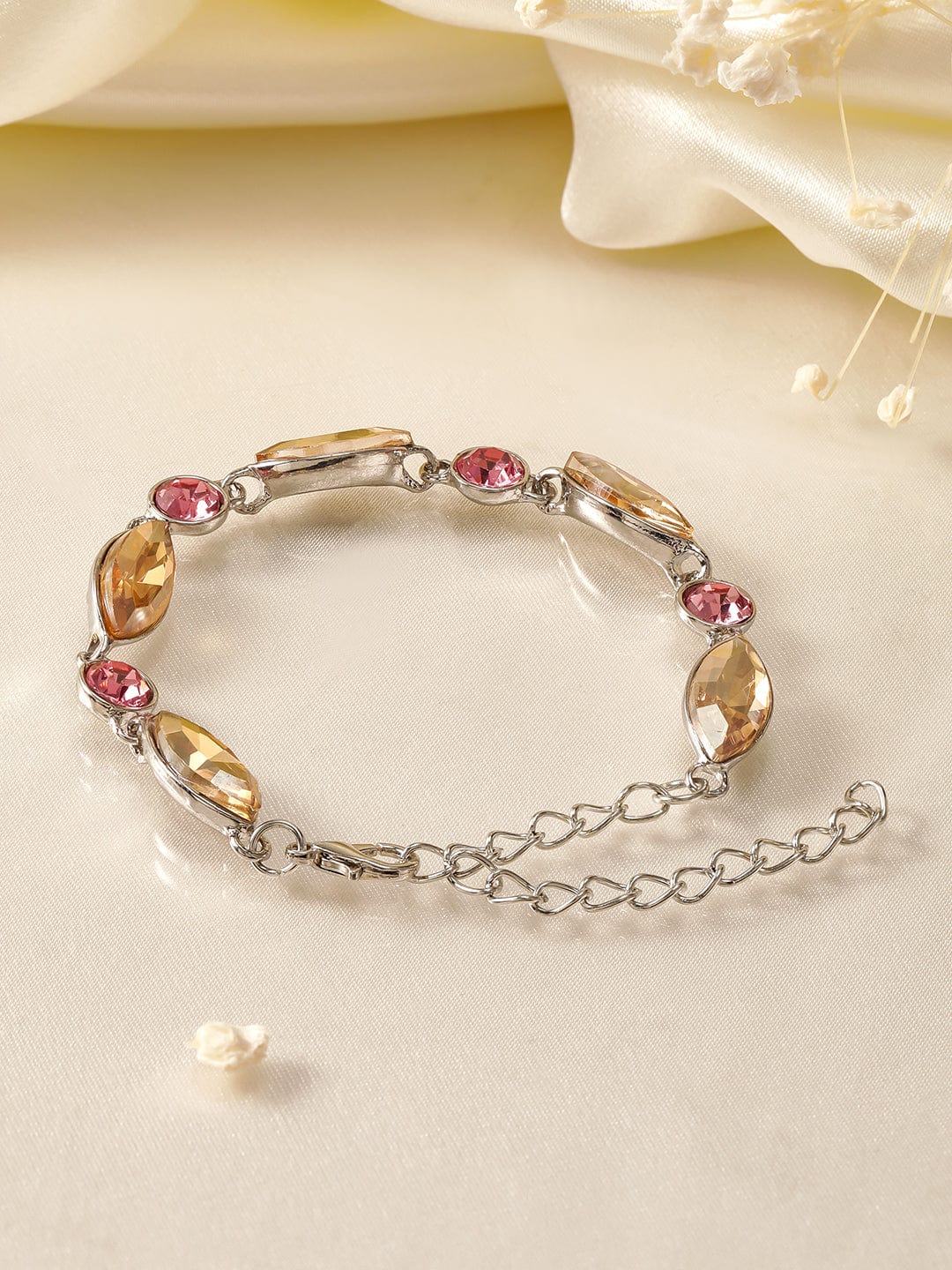 Rubans Rhodium Plated Pink and Light Gold Zicronia Gemstone Link Bracelet Bracelet