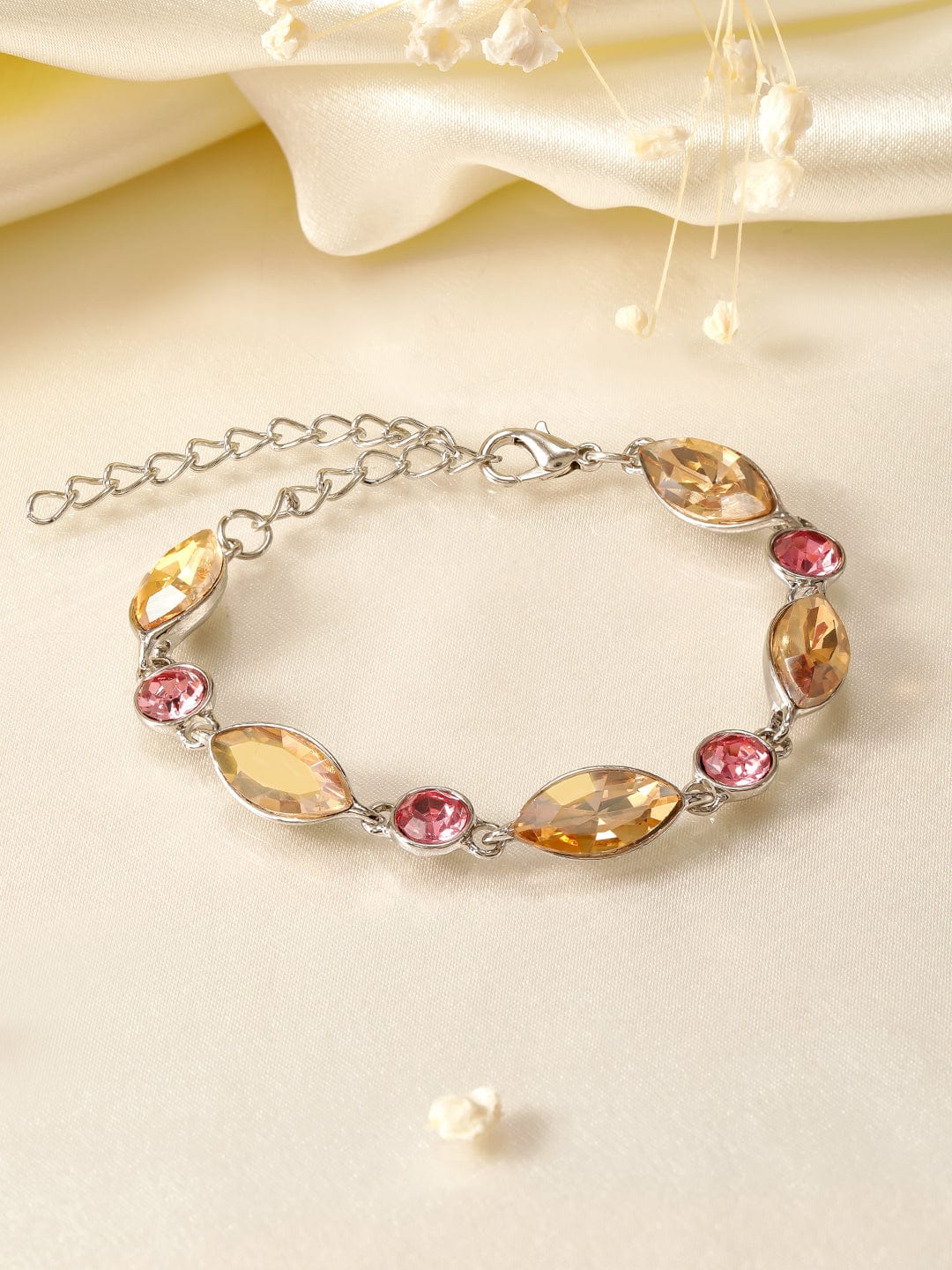 Rubans Rhodium Plated Pink and Light Gold Zicronia Gemstone Link Bracelet Bracelet