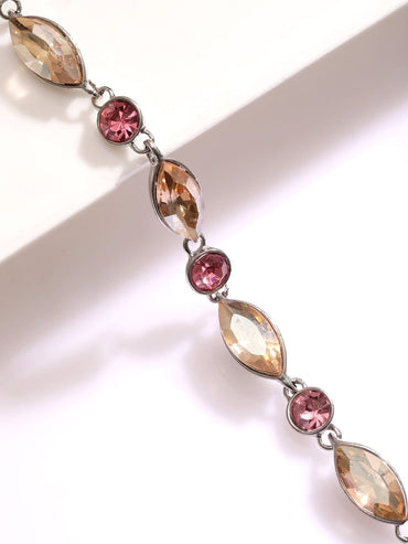 Rubans Rhodium Plated Pink and Light Gold Zicronia Gemstone Link Bracelet Wristwear