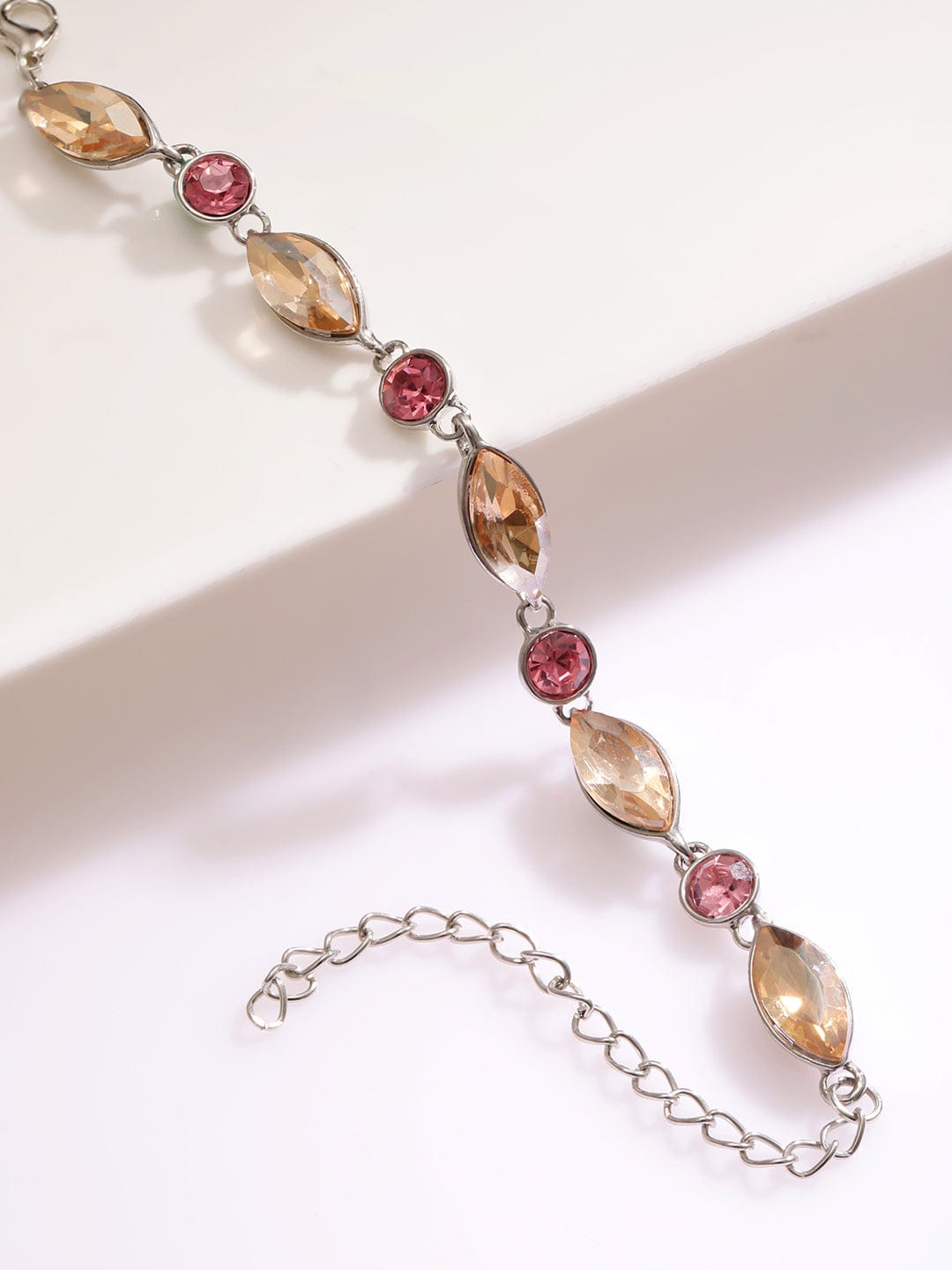 Rubans Rhodium Plated Pink and Light Gold Zicronia Gemstone Link Bracelet Wristwear