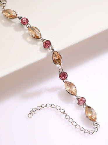 Rubans Rhodium Plated Pink and Light Gold Zicronia Gemstone Link Bracelet Wristwear