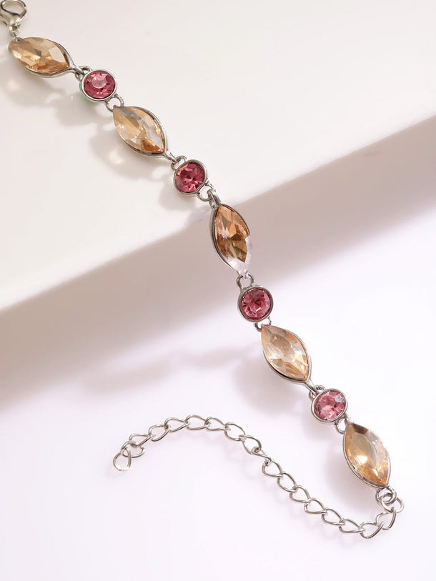 Rubans Rhodium Plated Pink and Light Gold Zicronia Gemstone Link Bracelet Wristwear
