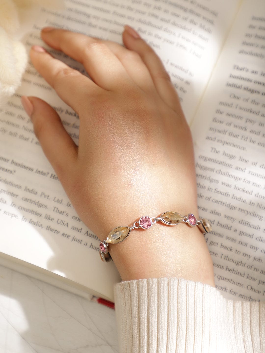 Rubans Rhodium Plated Pink and Light Gold Zicronia Gemstone Link Bracelet Wristwear