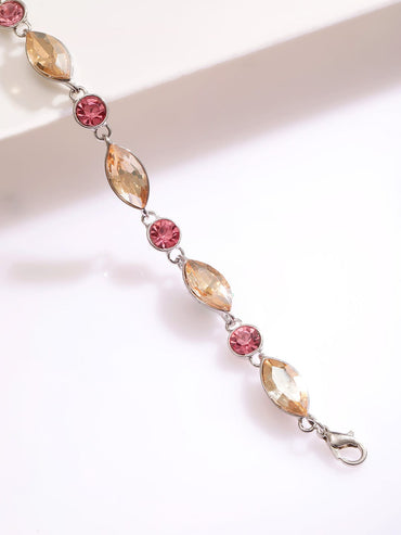 Rubans Rhodium Plated Pink and Light Gold Zicronia Gemstone Link Bracelet Wristwear