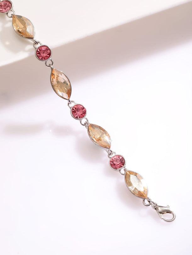 Rubans Rhodium Plated Pink and Light Gold Zicronia Gemstone Link Bracelet Wristwear