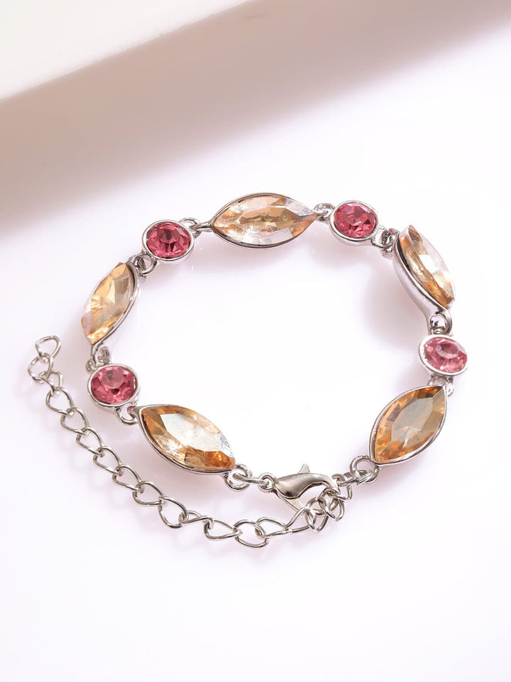 Rubans Rhodium Plated Pink and Light Gold Zicronia Gemstone Link Bracelet Wristwear